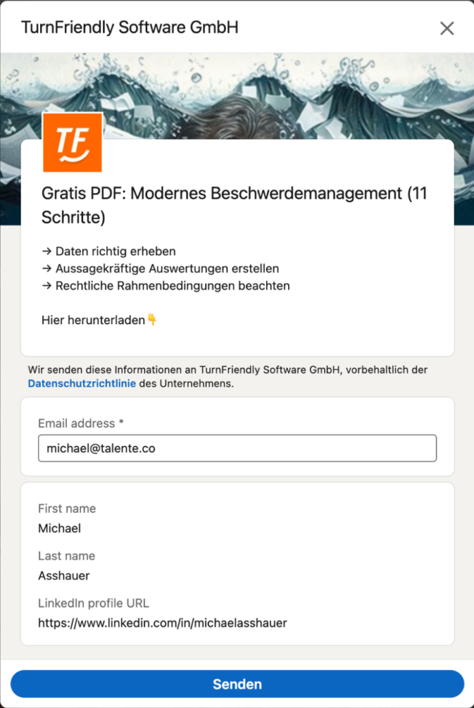 LinkedIn Ads Beispiele: TurnFriendly – Lead Gen Form