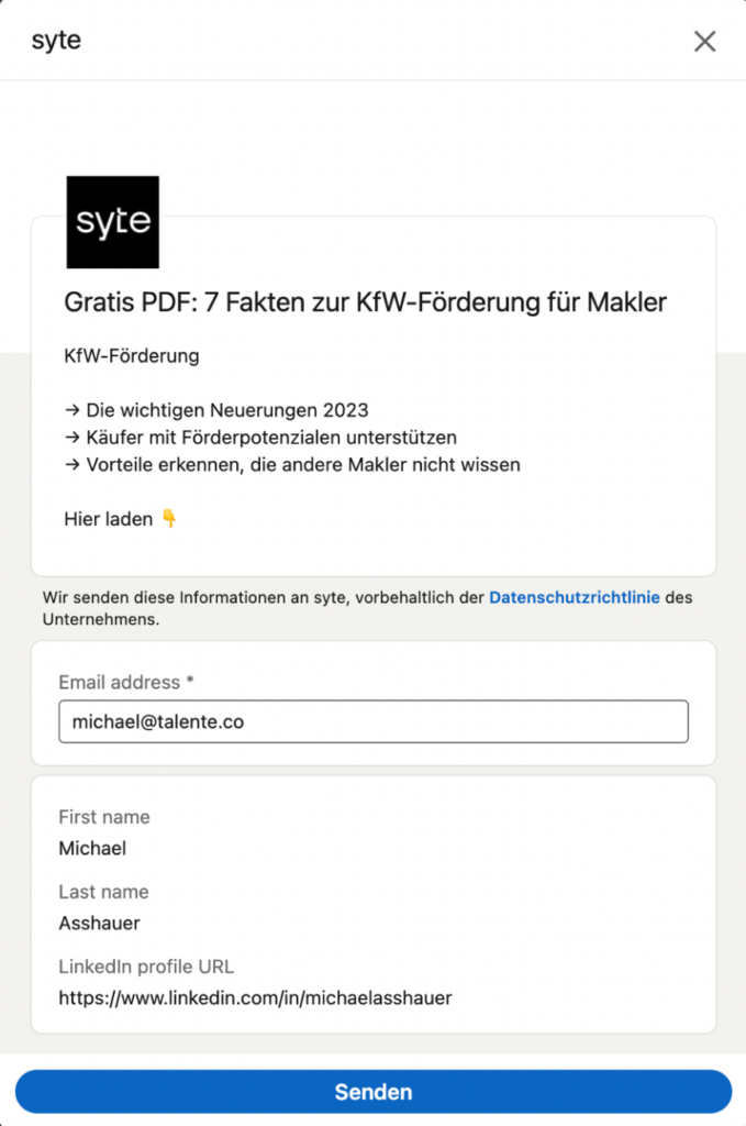 LinkedIn Anzeigen Beispiele: syte Lead Gen Form